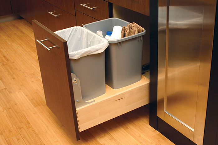 Double Trash or Recycle Bins. Photo courtesy of Dura Supreme, Howard Lake, MN.
