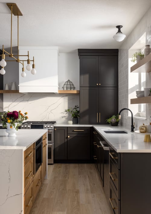Charcoal, White, and Wood Tones Achieve Balance in a Timeless Kitchen