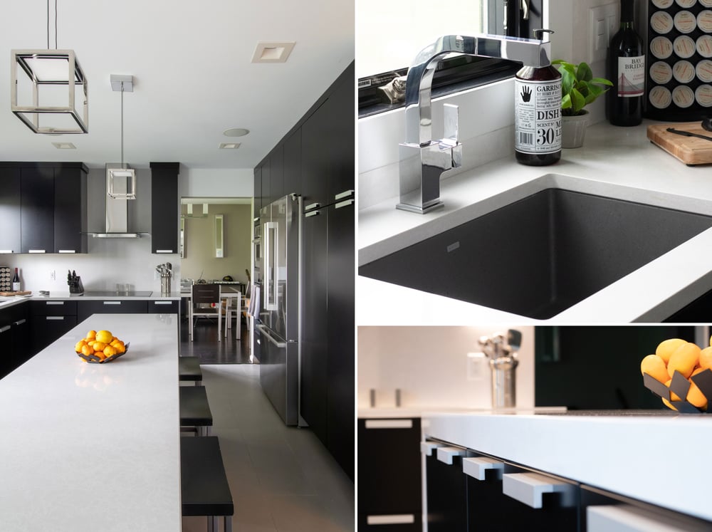 Modern kitchen by KSI Designer Jessica Garst featuring Dura Supreme Bria cabinetry in Chroma door style with black paint, Cambria Quartz in Newport countertops, and Blanco Precis composite single-bowl sink