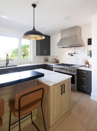 Contemporary kitchen featuring Inspira Cabinetry in the Milan door style with matte finish in Urbane Bronze and Chalet door style in textured melamine Peele finish