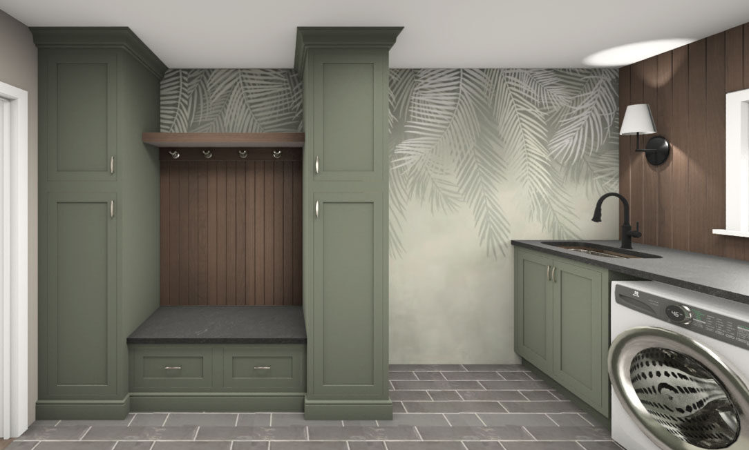 Laundry Room rendering by KSI Designer Sandra Daubenmeyer incorporating Palms Above wallpaper from the Wallism portfolio