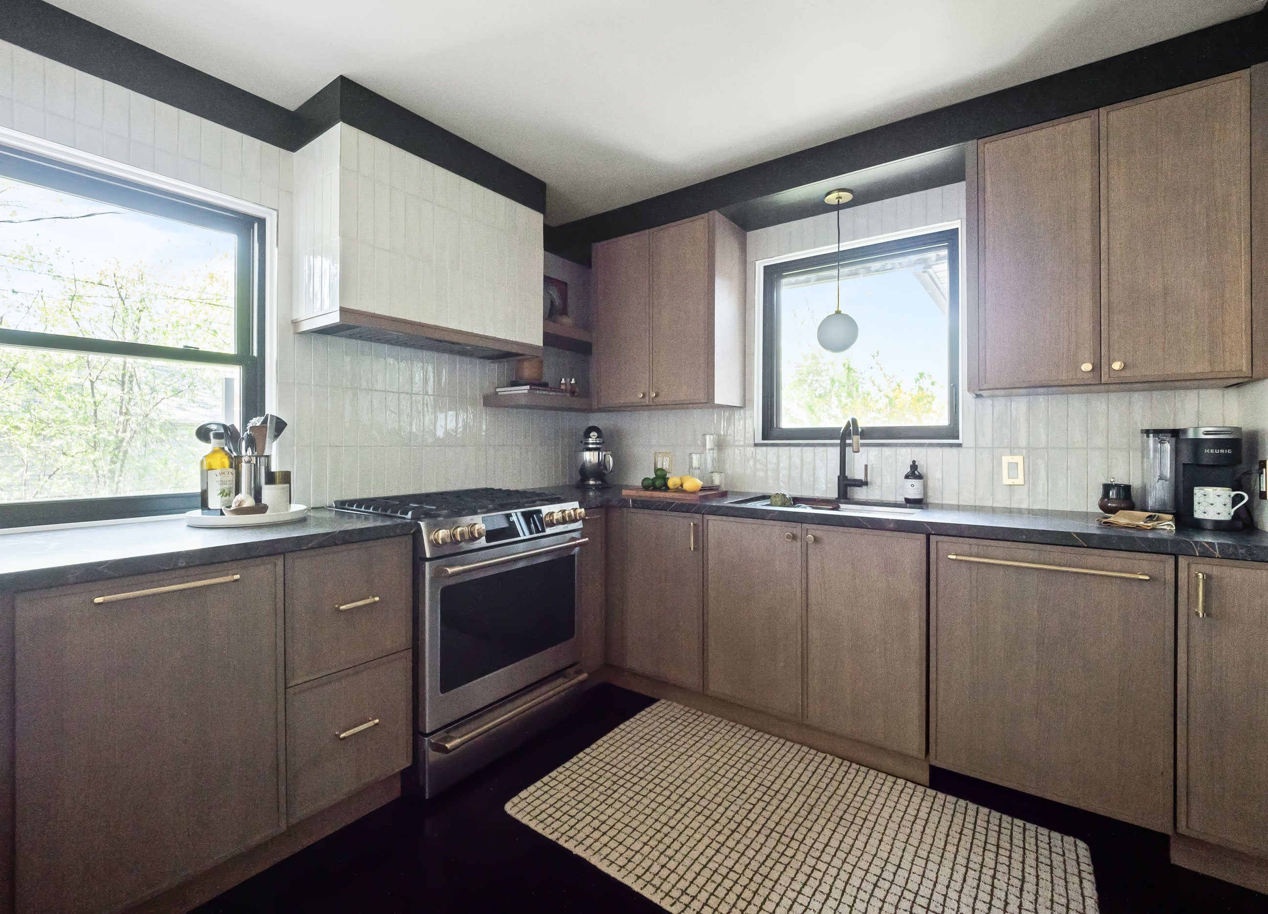 Tiled hood adds a custom look of sophistication that brightens the space