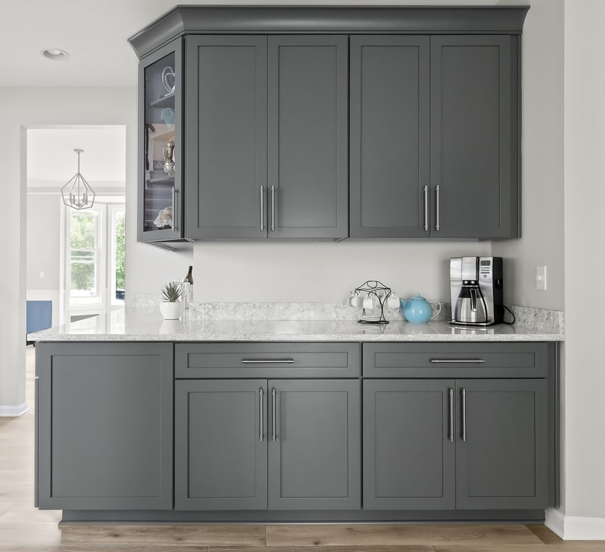 Coffee bar featuring elegant gray shaker cabinetry