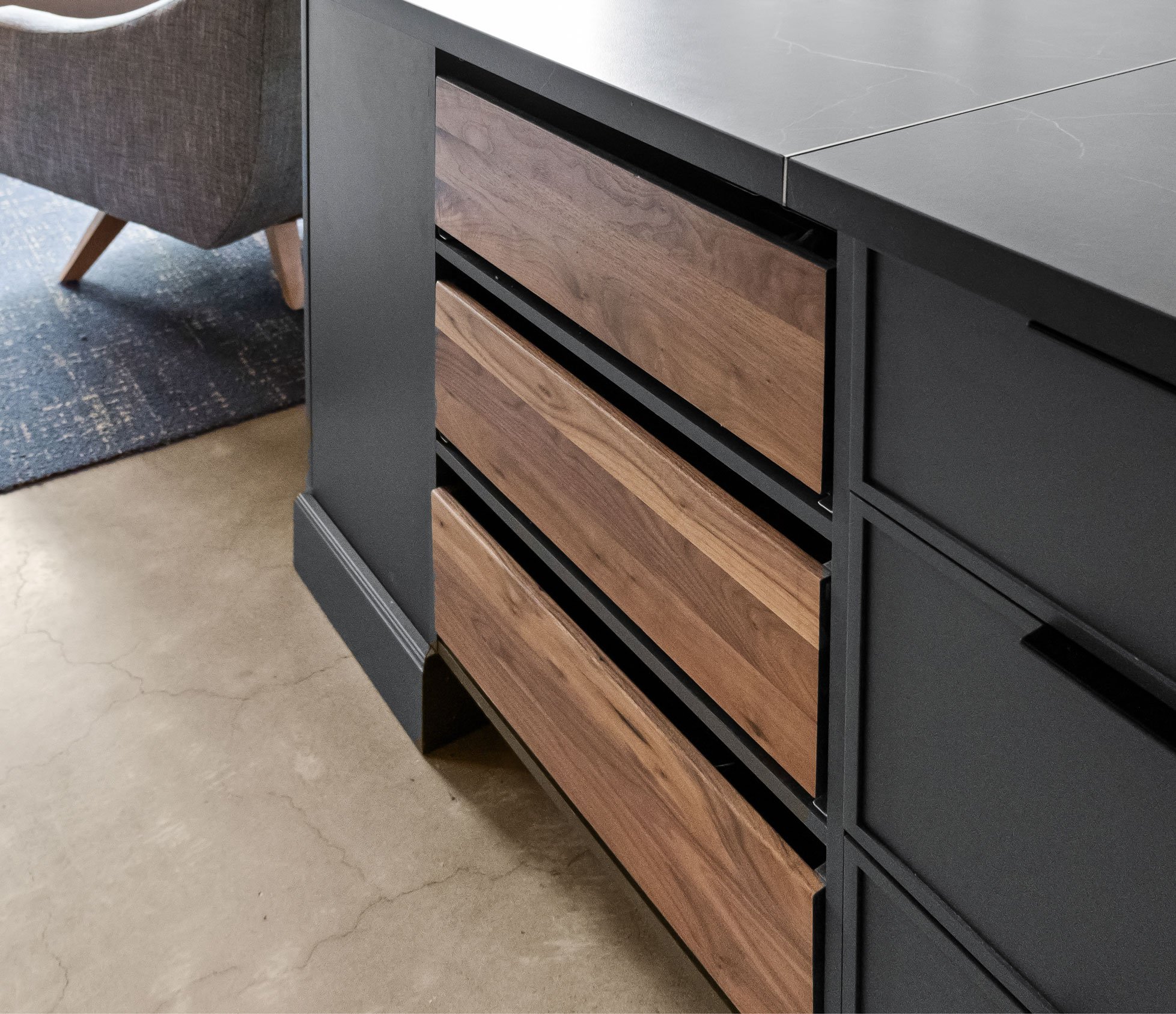 Walnut produce drawers in kitchen island