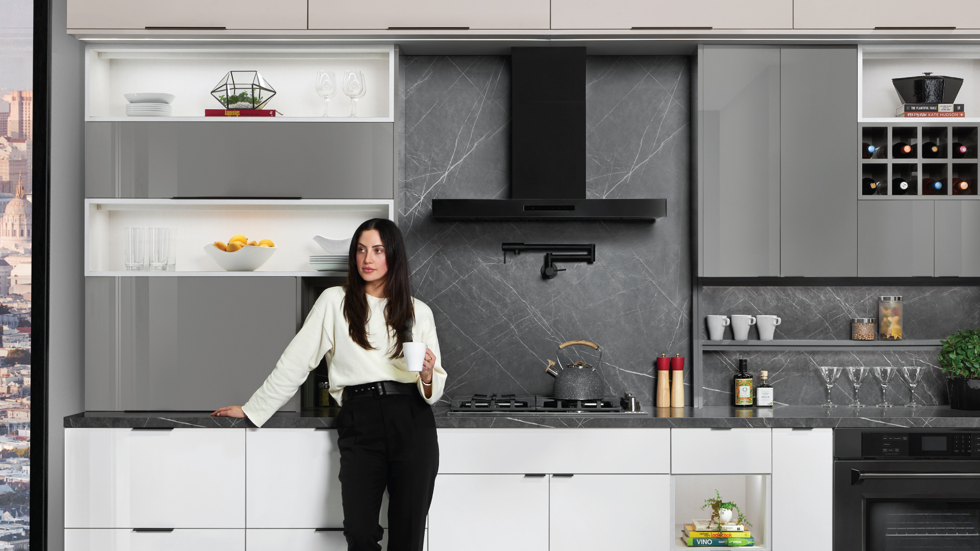 Kitchen featuring Fabuwood Illume Catalina Bianco Matte Grigio Gloss Cabinetry