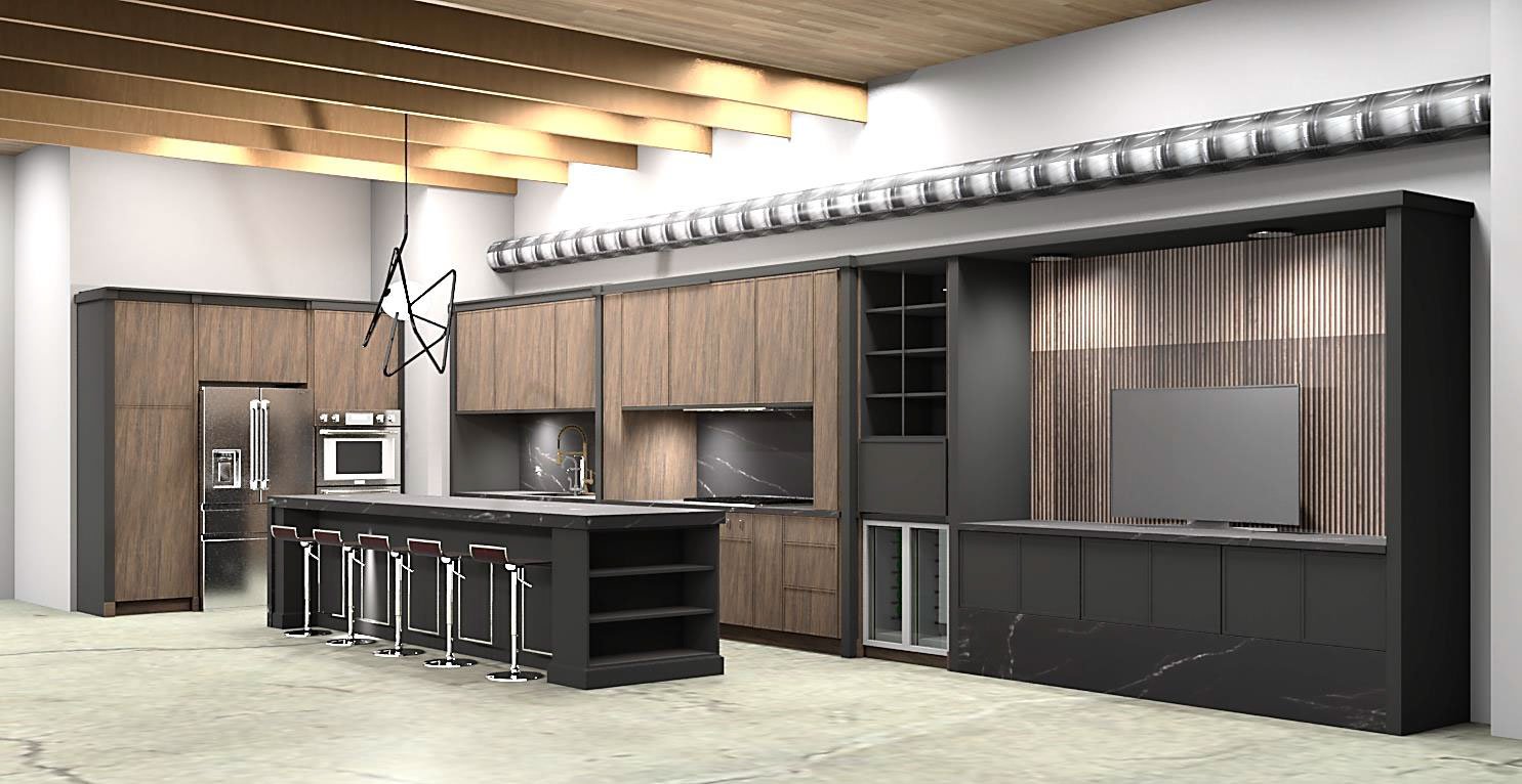 Contemporary loft kitchen and living area KSI Kitchen & Bath proposal rendering