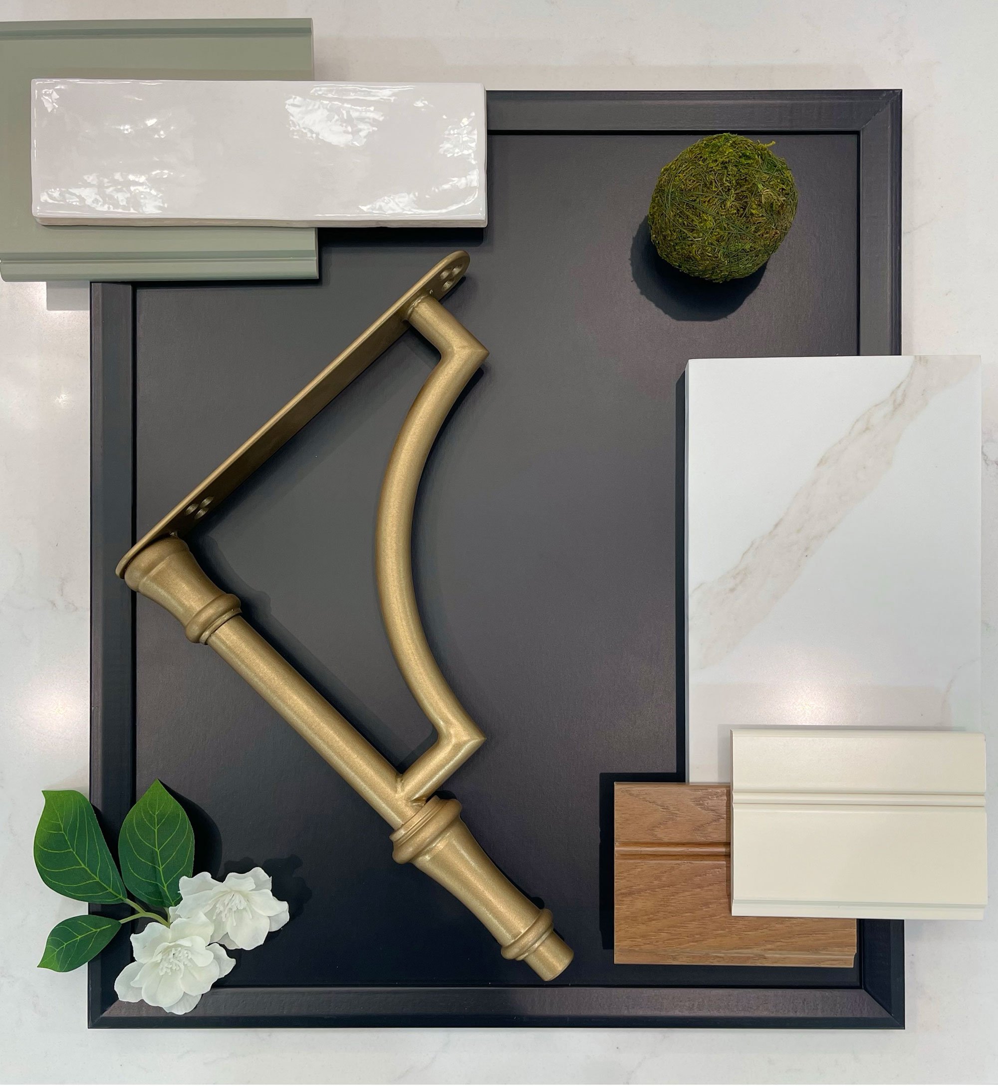 Transitional French Country kitchen moodboard with focus on étagère cabinet materials