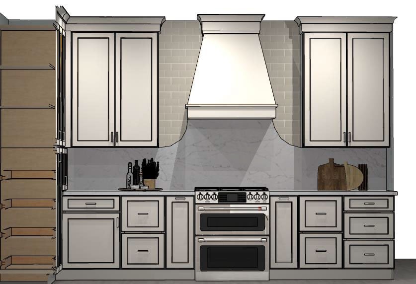 Kitchen rendering showing range wall