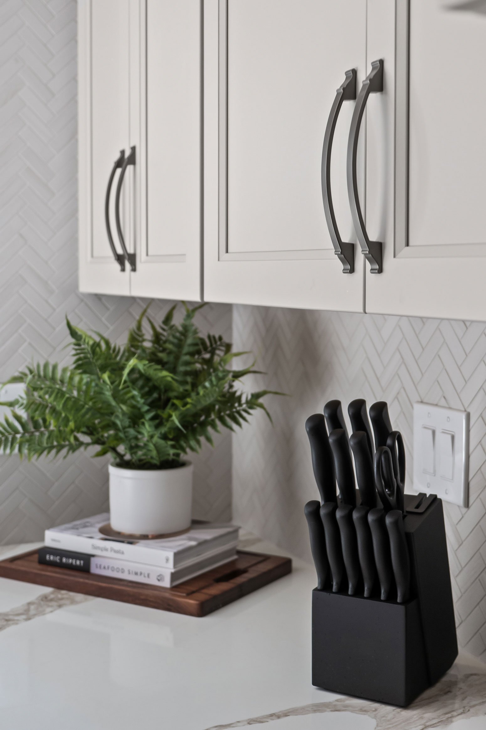 Cabinet hardware pulls above a countertop plant and knife block.