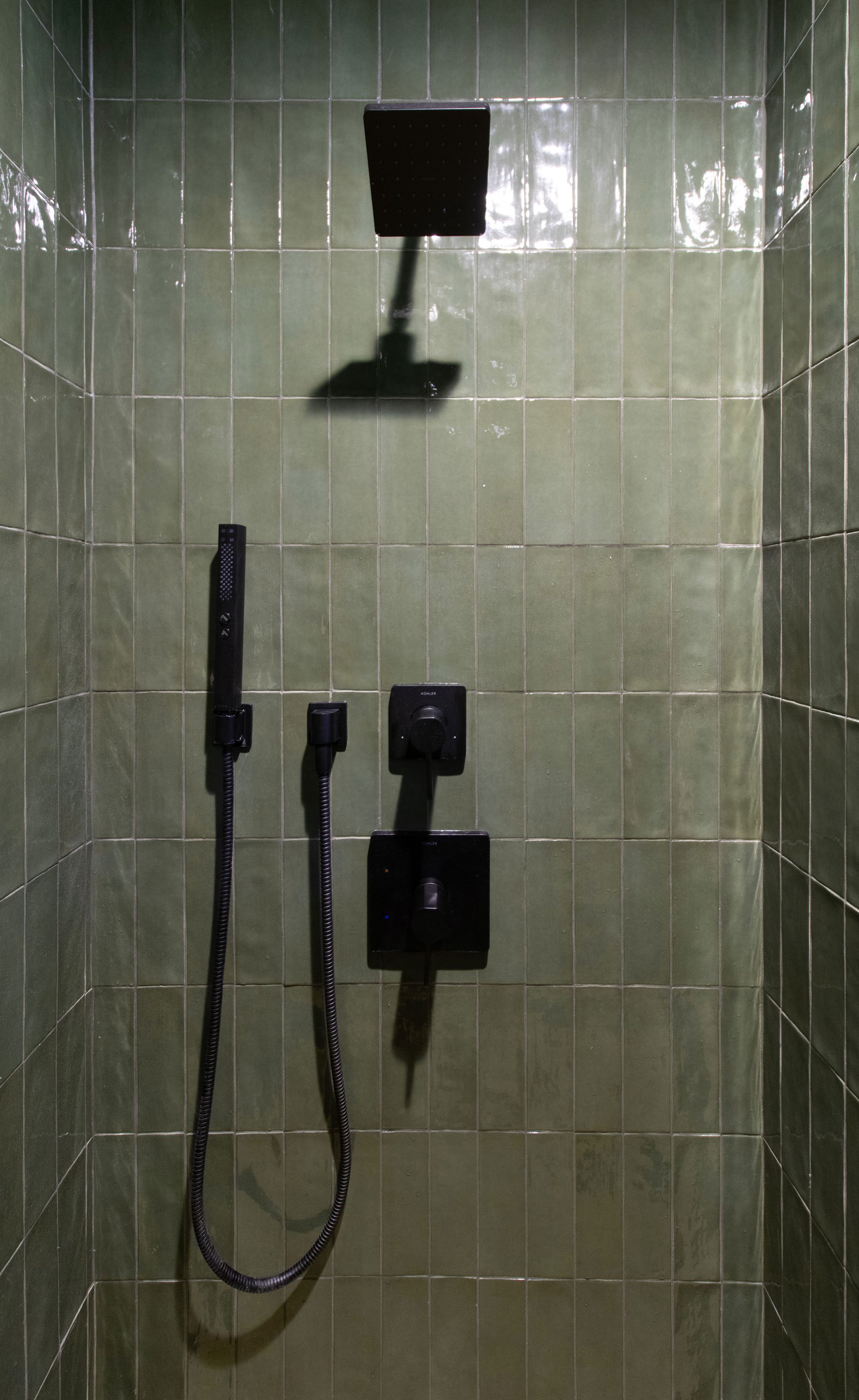 Rain showerhead and handheld fixture in modern shower