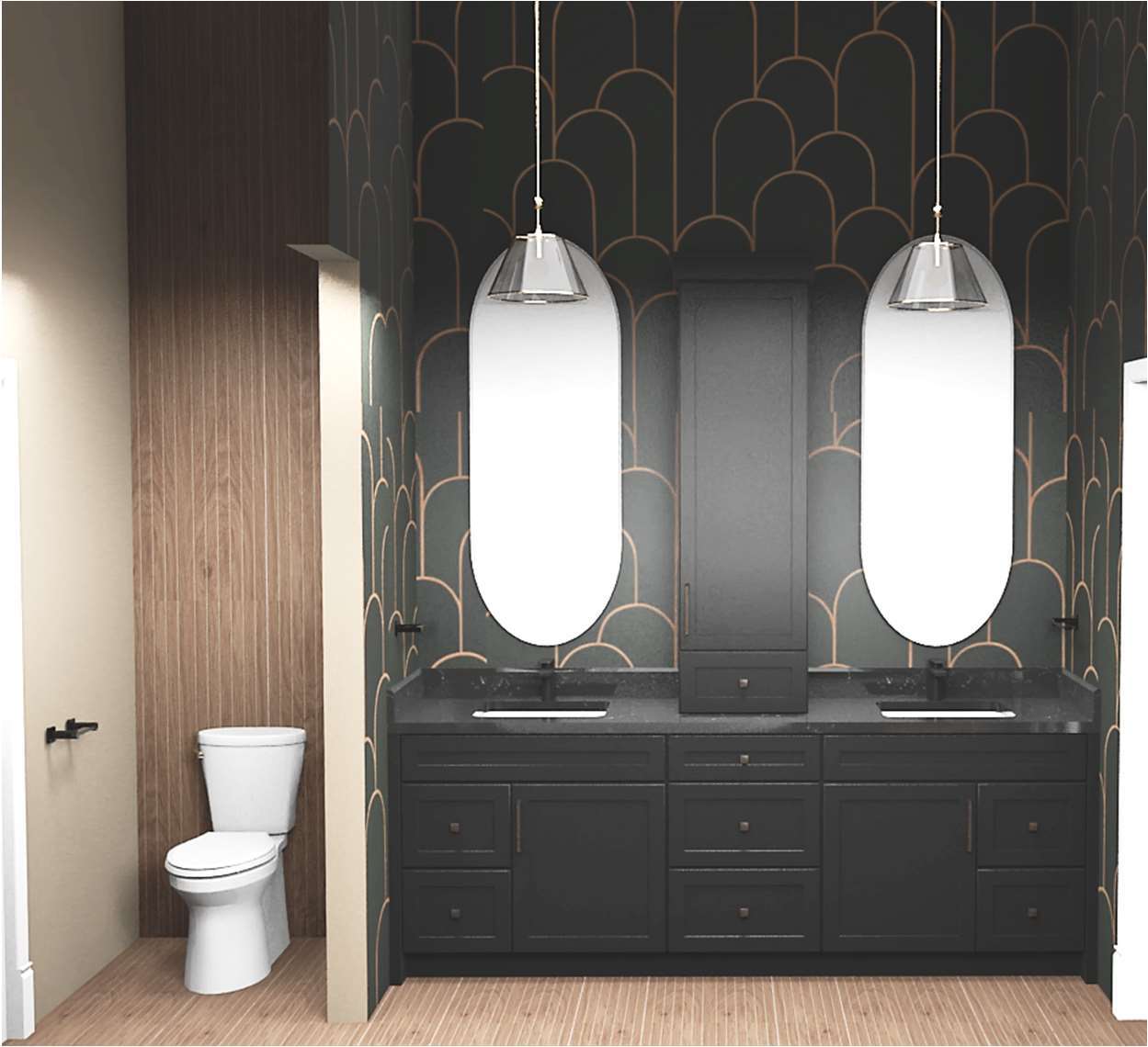 Rendering of black shaker vanity with bold green and orange wallpaper