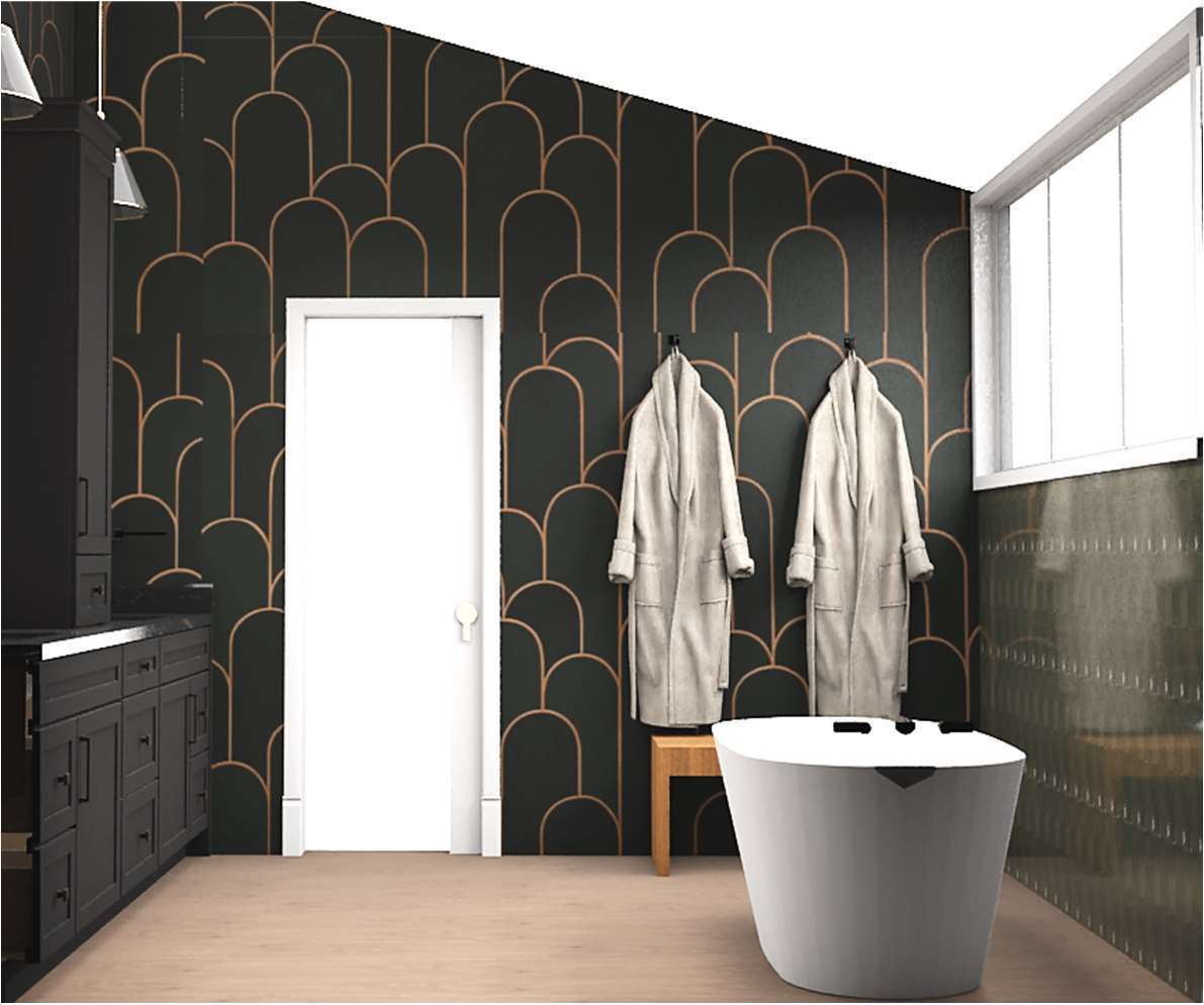 Rendering of freestanding tub with bench and dramatic wallpaper backdrop