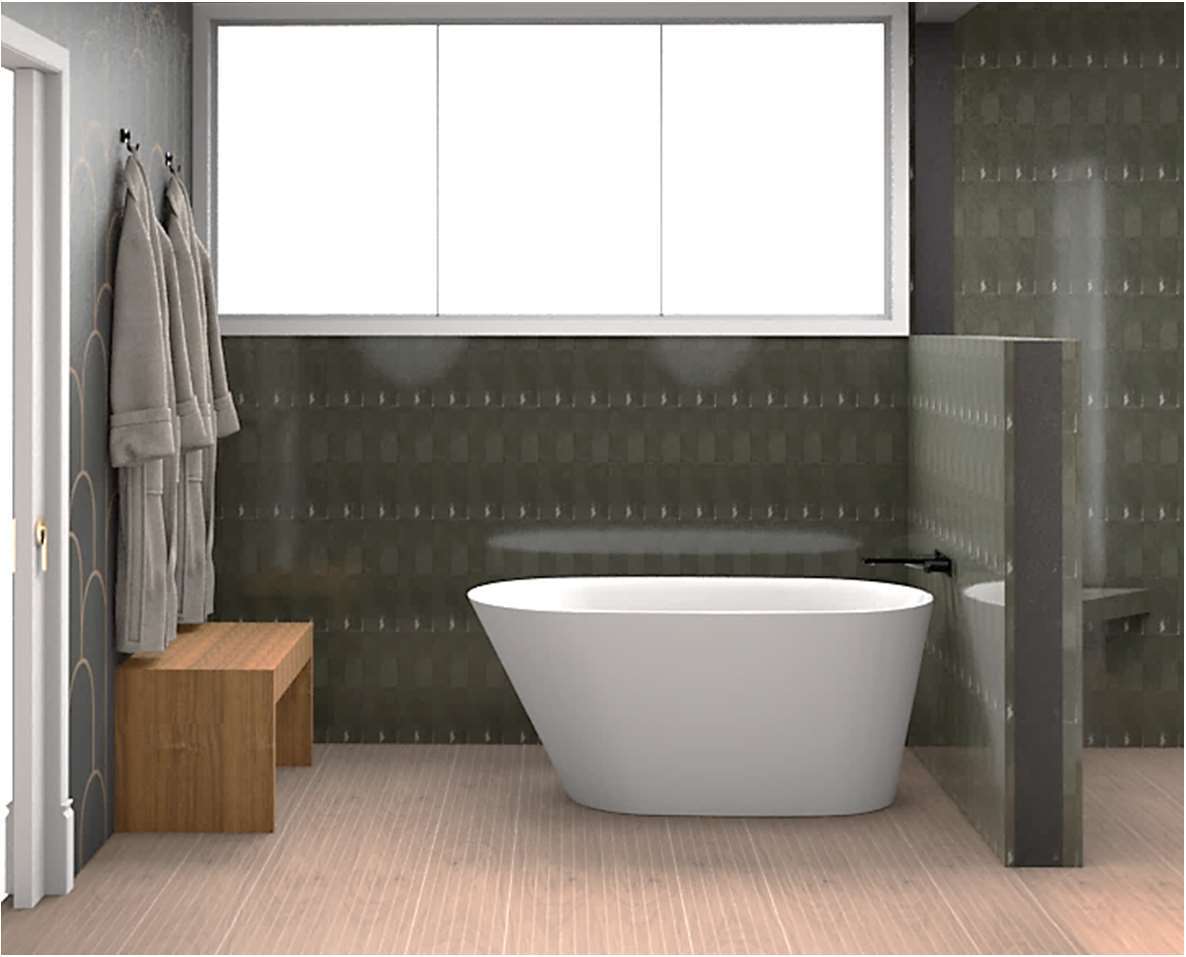 Rendering of tub and shower area with green tile surround