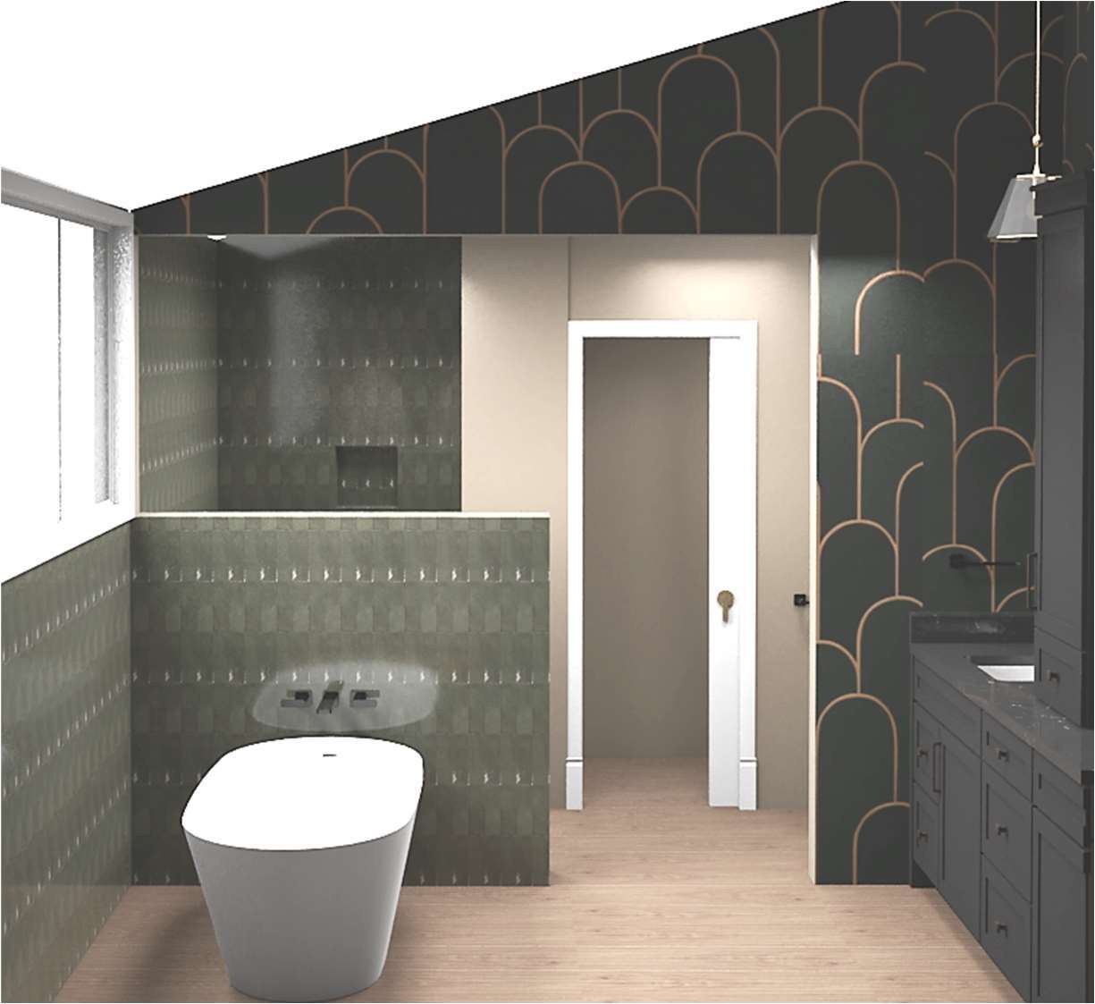 Rendering showing full bathroom layout with wallpaper and vanity