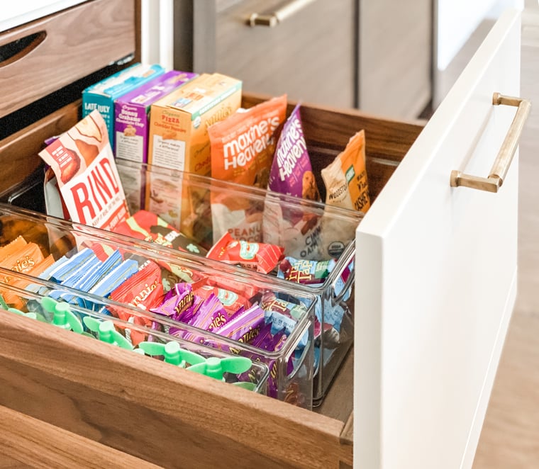 snack drawer with plastic tubs