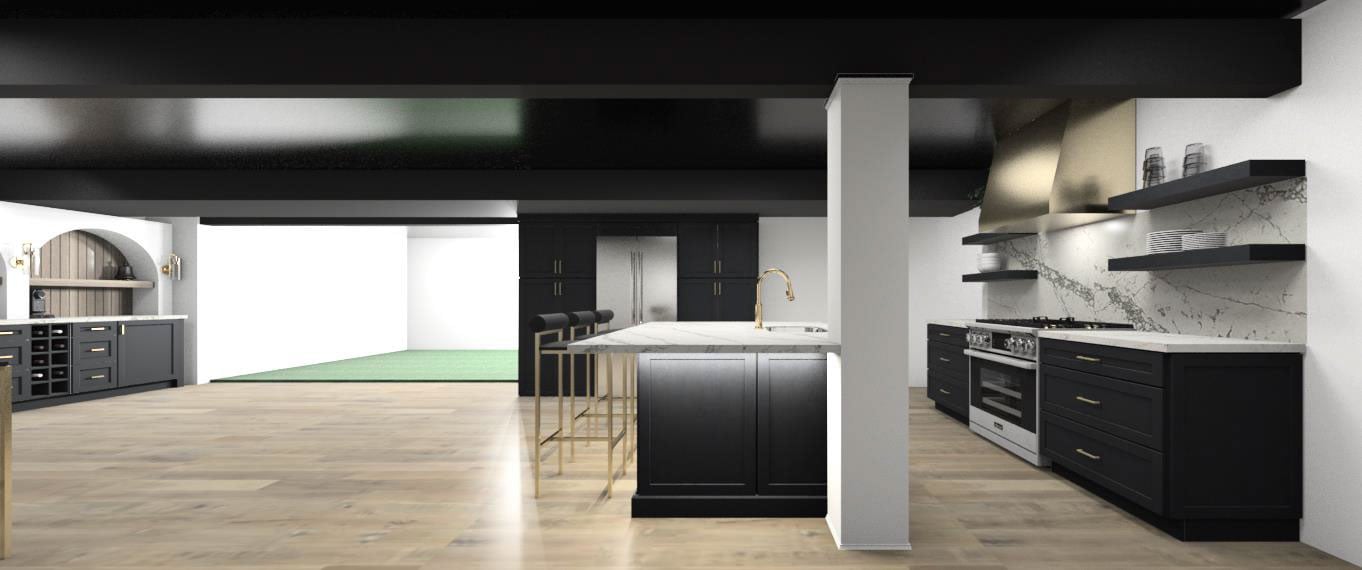 Rendering of basement entertainment area with speakeasy bar, golf simulator, and full kitchen.