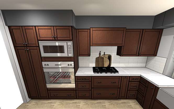 Rendering of remodeled kitchen featuring warm wood cabinetry and white quartz countertops.