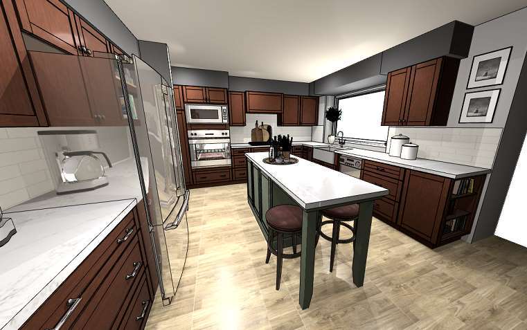 Remodeled kitchen rendering showcasing Merillat Masterpiece cabinetry in maple with Cognac finish and Evergreen paint.